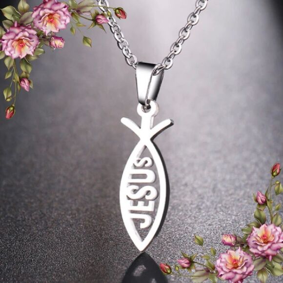 Stainless Steel Necklace Pendant In Fish Shape With Jesus Engraving - Picture 1 of 7